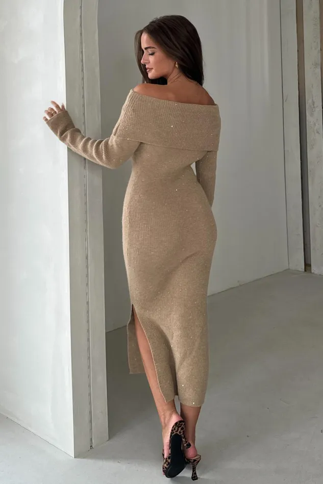 Girl In Mind Knitwear Brea Knitted Sequin Bardot Midi Dress Camel 8211 Women
