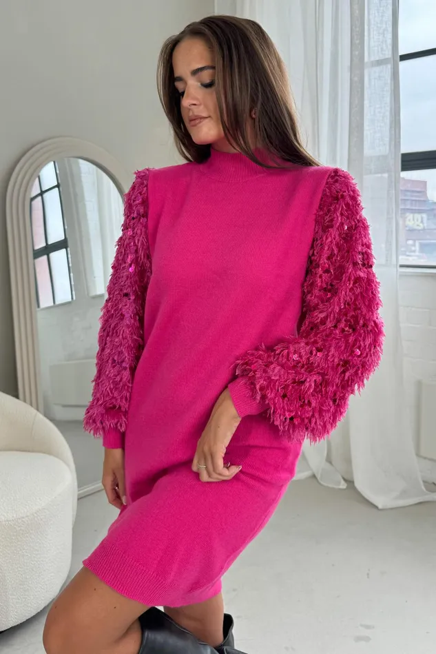 Girl In Mind Knitwear Emily Sequin Detail Jumper Dress Fuchsia Pink 8211 Women