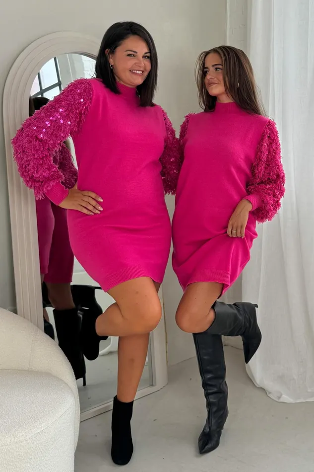 Girl In Mind Knitwear Emily Sequin Detail Jumper Dress Fuchsia Pink 8211 Women