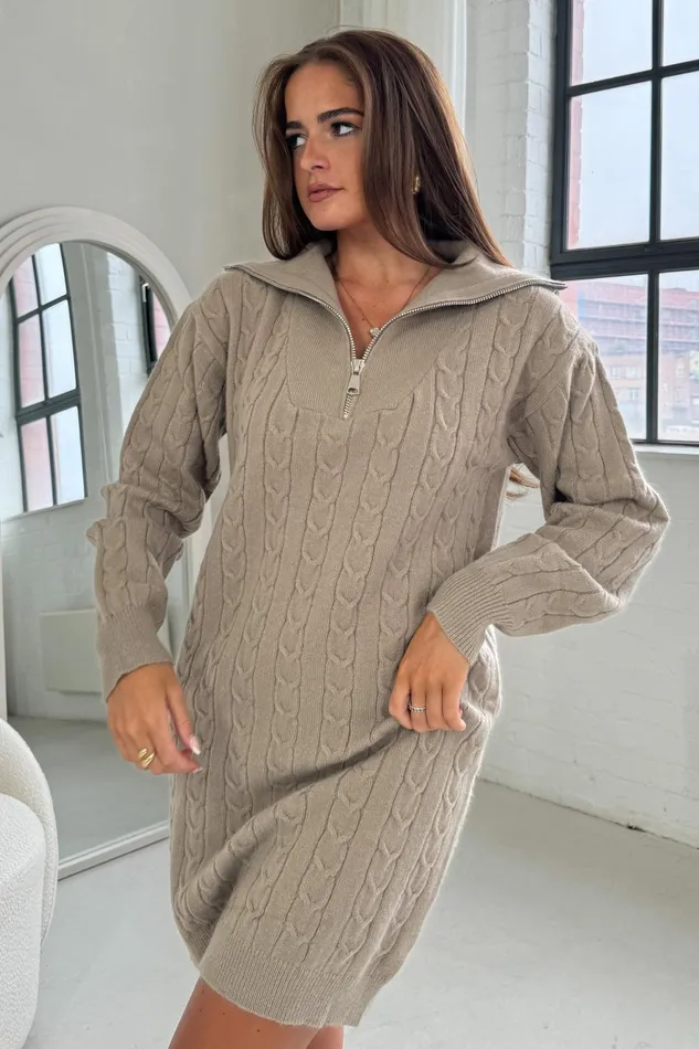 Girl In Mind Knitwear Hayes 14 Zip Camel Cable Knit Jumper Dress 8211 Women