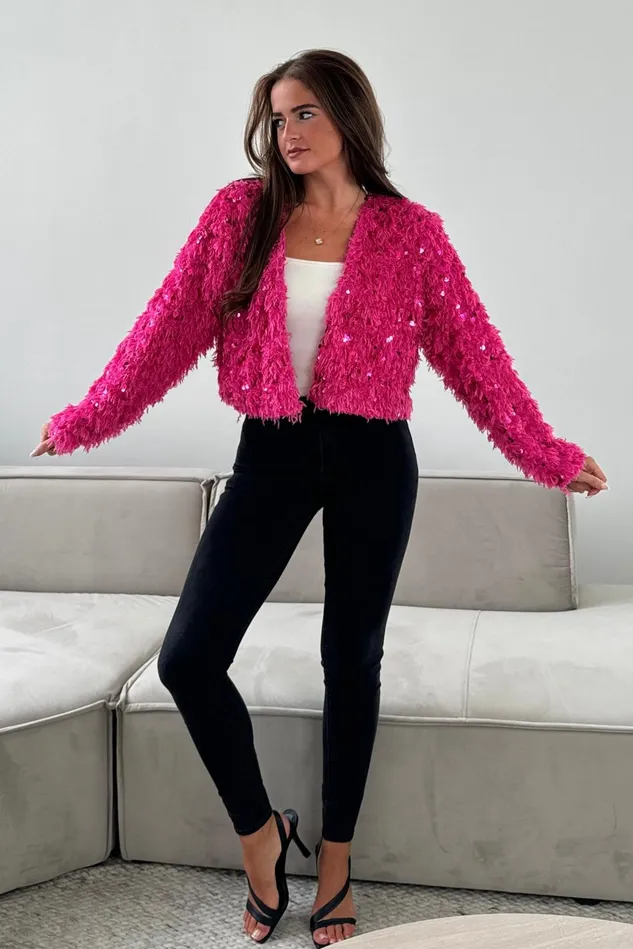 Girl In Mind Knitwear Lynn Sequin Cropped Cardigan Pink 8211 Women