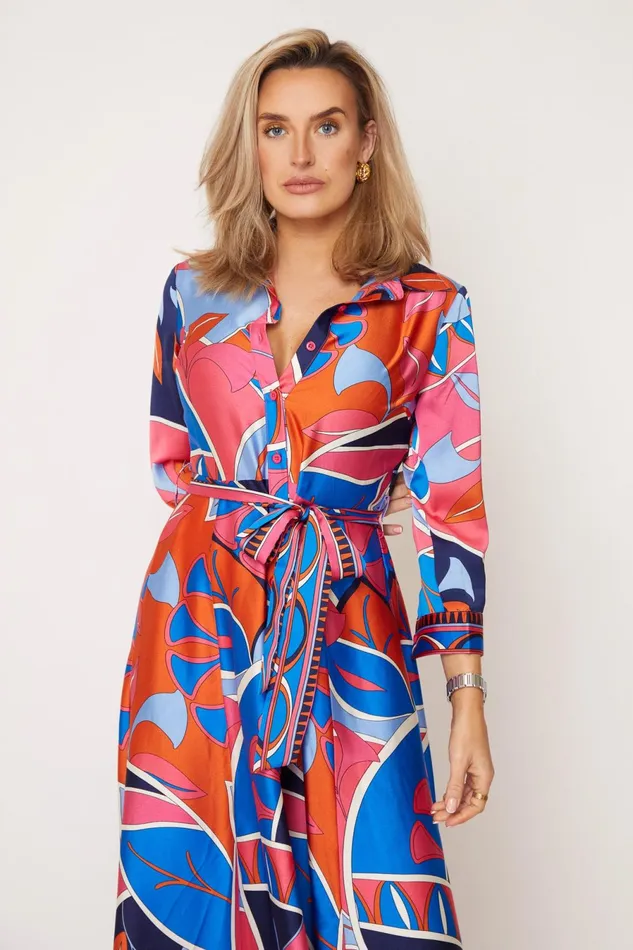 Girl In Mind Long Sleeve Dresses Angela Blue and Pink Abstract Shirt Maxi Dress 8211 Women