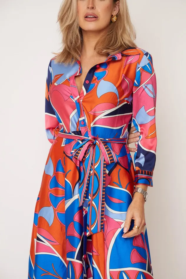 Girl In Mind Long Sleeve Dresses Angela Blue and Pink Abstract Shirt Maxi Dress 8211 Women