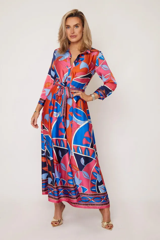 Girl In Mind Long Sleeve Dresses Angela Blue and Pink Abstract Shirt Maxi Dress 8211 Women