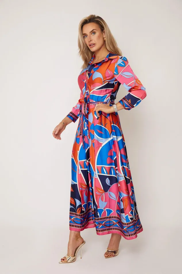 Girl In Mind Long Sleeve Dresses Angela Blue and Pink Abstract Shirt Maxi Dress 8211 Women