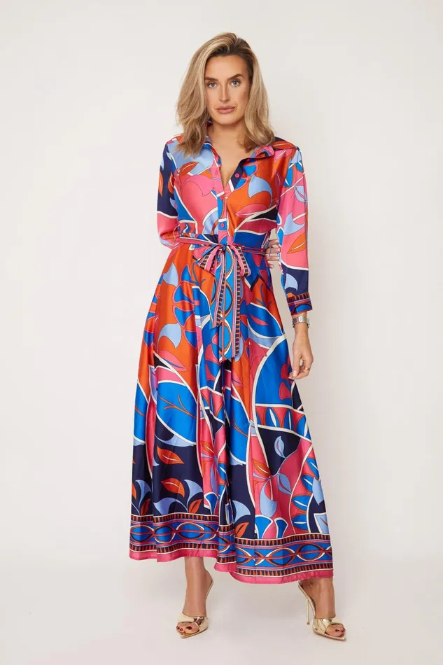 Girl In Mind Long Sleeve Dresses Angela Blue and Pink Abstract Shirt Maxi Dress 8211 Women