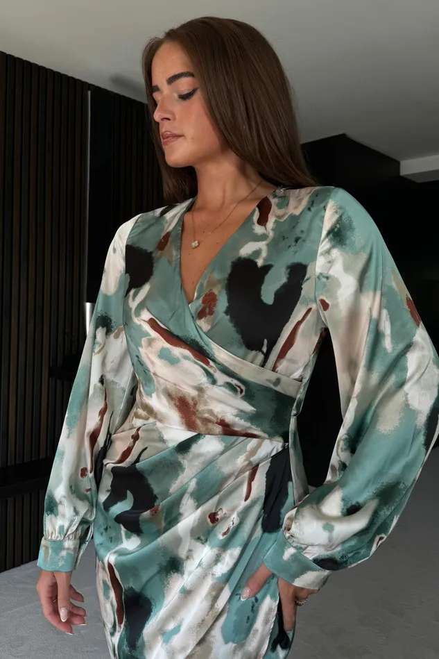 Girl In Mind Long Sleeve Dresses Elsa Green Marble Long Sleeve Asymmetric Dress 8211 Women