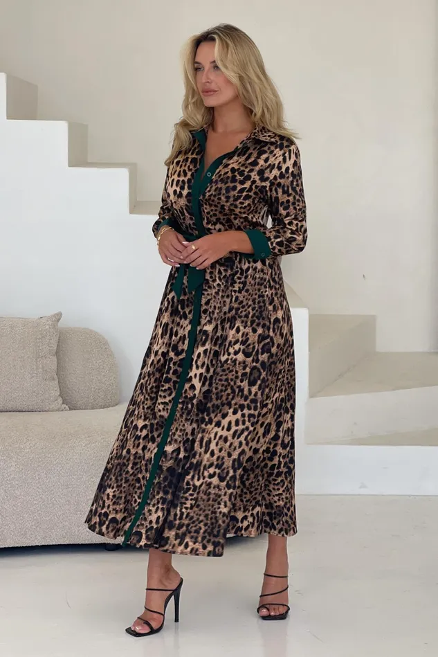 Girl In Mind Maxi Dresses Angela Leopard Print Green Shirt Maxi Dress 8211 Women