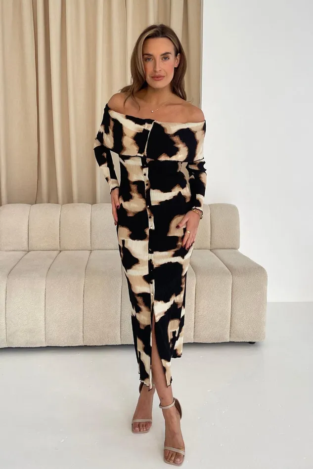 Girl In Mind Midi Dresses Becky Animal Print Long Sleeve Bardot Midi Dress 8211 Women