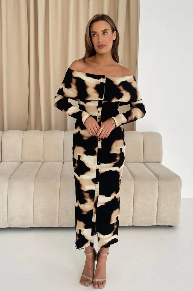 Girl In Mind Midi Dresses Becky Animal Print Long Sleeve Bardot Midi Dress 8211 Women