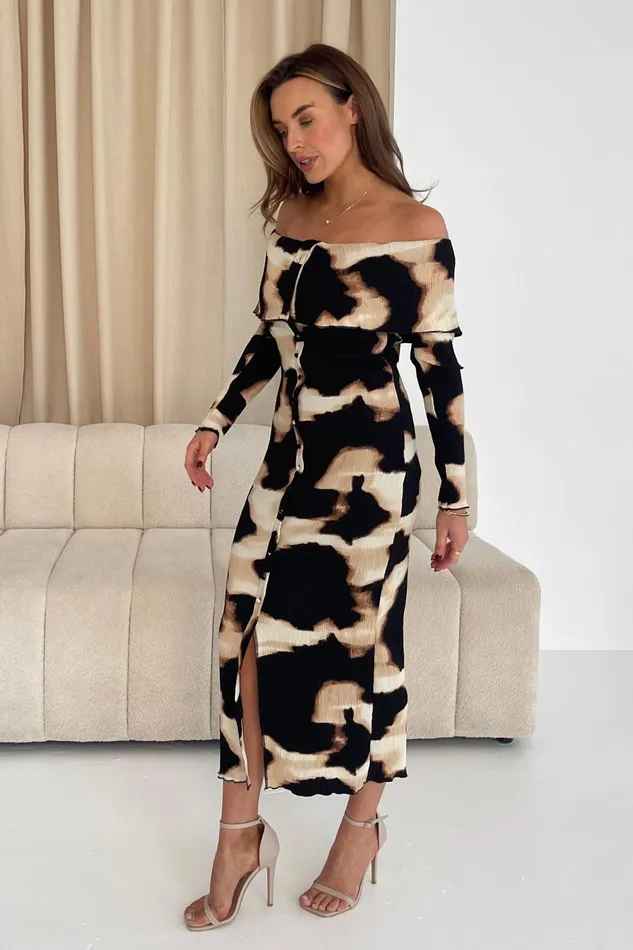 Girl In Mind Midi Dresses Becky Animal Print Long Sleeve Bardot Midi Dress 8211 Women