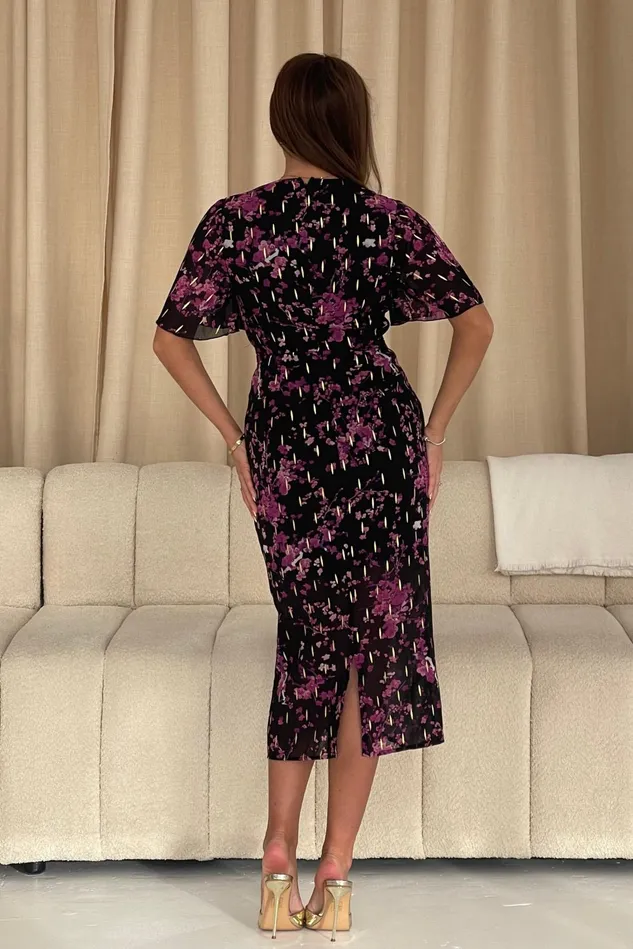 Girl In Mind Midi Dresses Blythe Foiled Floral Ruched Front Angel Sleeve Midi Dress 8211 Women