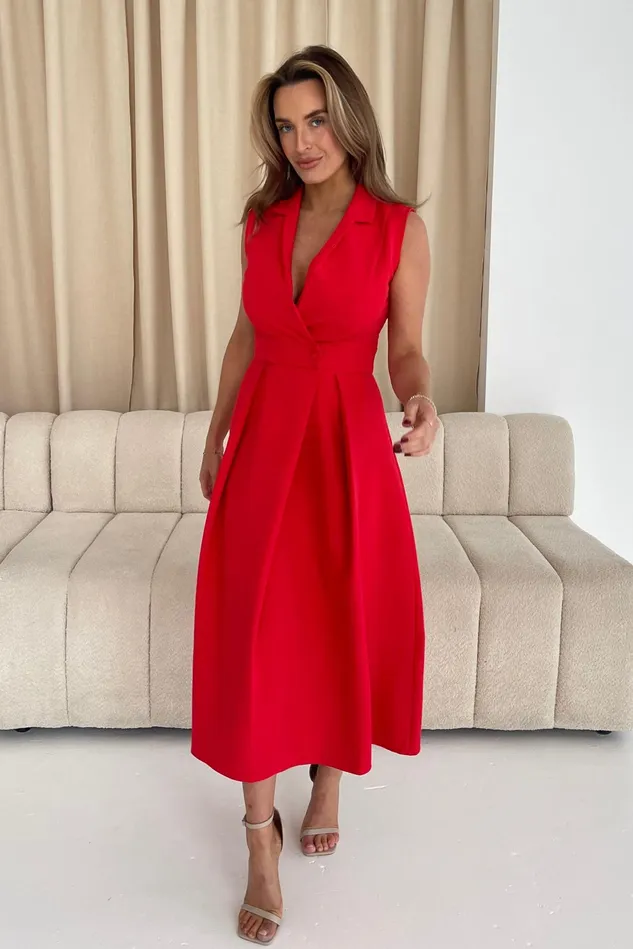 Girl In Mind Midi Dresses Cameron Collared Tailored Shirt Dress Red 8211 Women