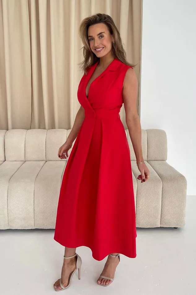 Girl In Mind Midi Dresses Cameron Collared Tailored Shirt Dress Red 8211 Women