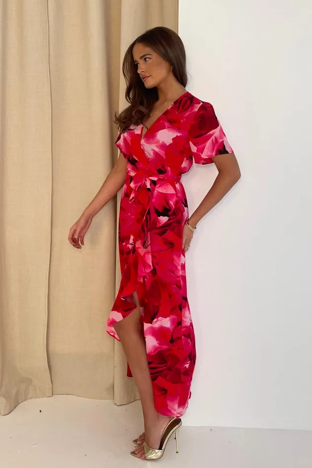 Girl In Mind Midi Dresses Farrah Pink Floral Frill Detail Maxi Dress 8211 Women
