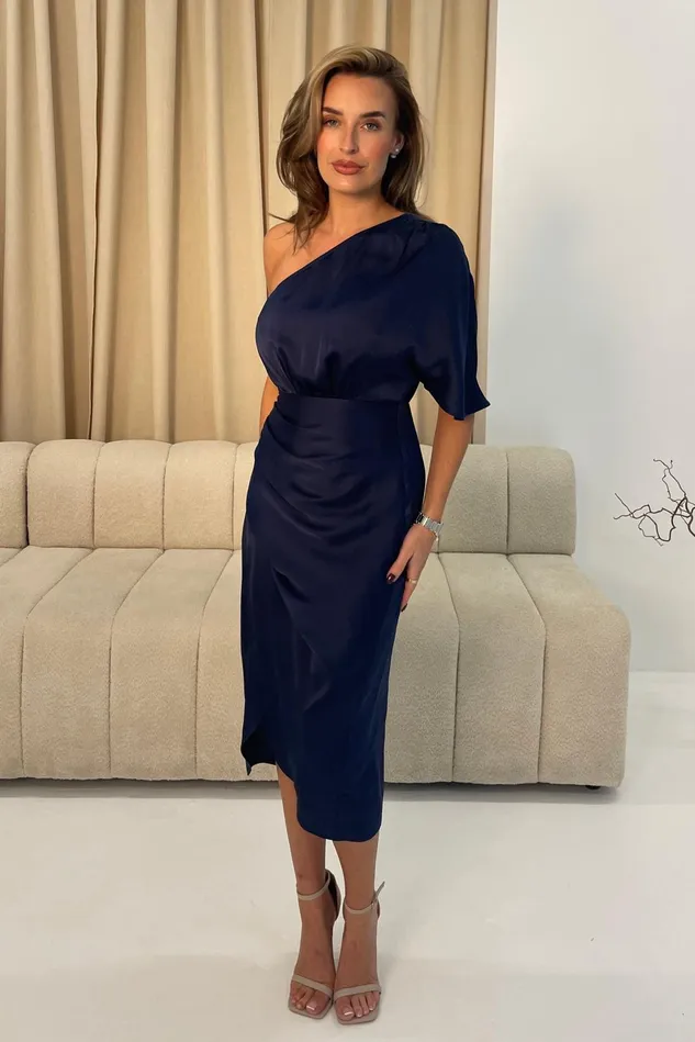 Girl In Mind Midi Dresses Ira One Shoulder Navy Satin Wrap Skirt Midi Dress 8211 Women Girl In Mind Midi Dresses Ira One Shoulder Navy Satin Wrap Skirt Midi Dress 8211 Women
