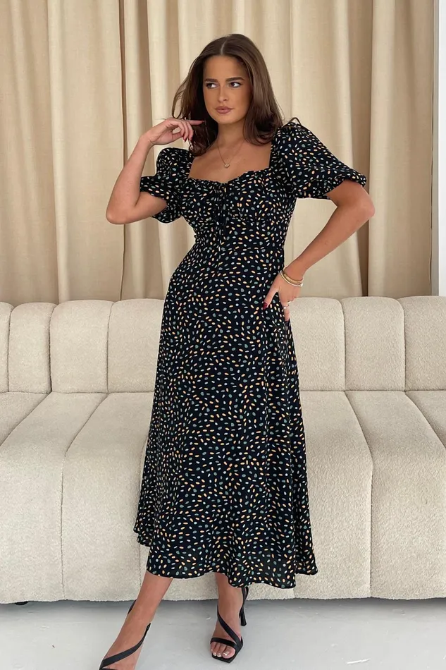 Girl In Mind Midi Dresses Jemima Square Neck Midi Dress Black Multi 8211 Women Girl In Mind Midi Dresses Jemima Square Neck Midi Dress Black Multi 8211 Women