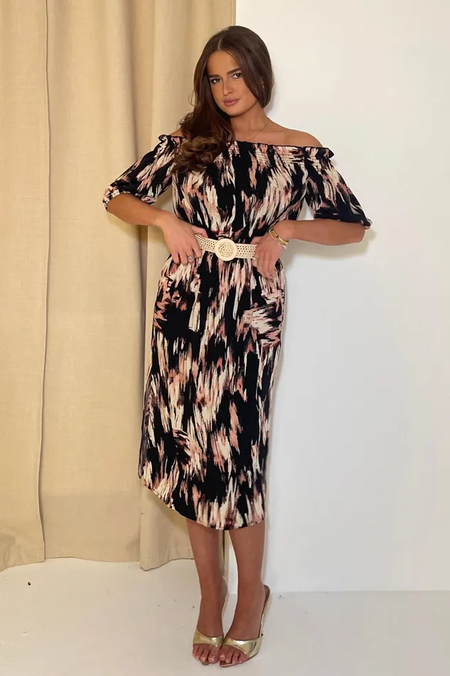 Girl In Mind Midi Dresses Jordana Off The Shoulder Midi Dress Brown Abstract 8211 Women Girl In Mind Midi Dresses Jordana Off The Shoulder Midi Dress Brown Abstract 8211 Women