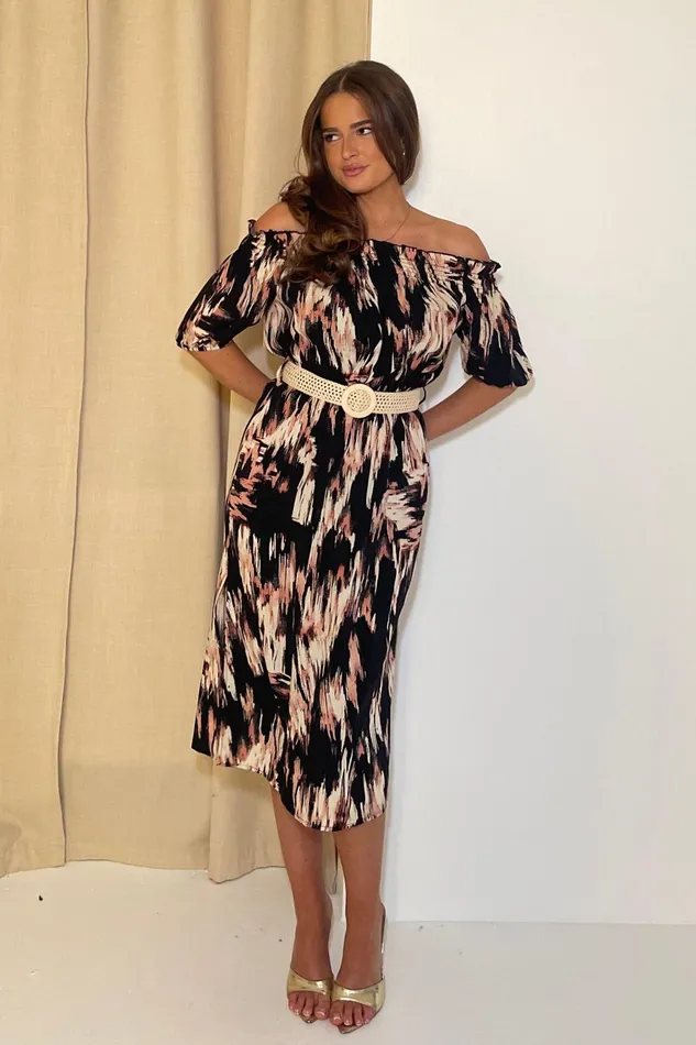Girl In Mind Midi Dresses Jordana Off The Shoulder Midi Dress Brown Abstract 8211 Women