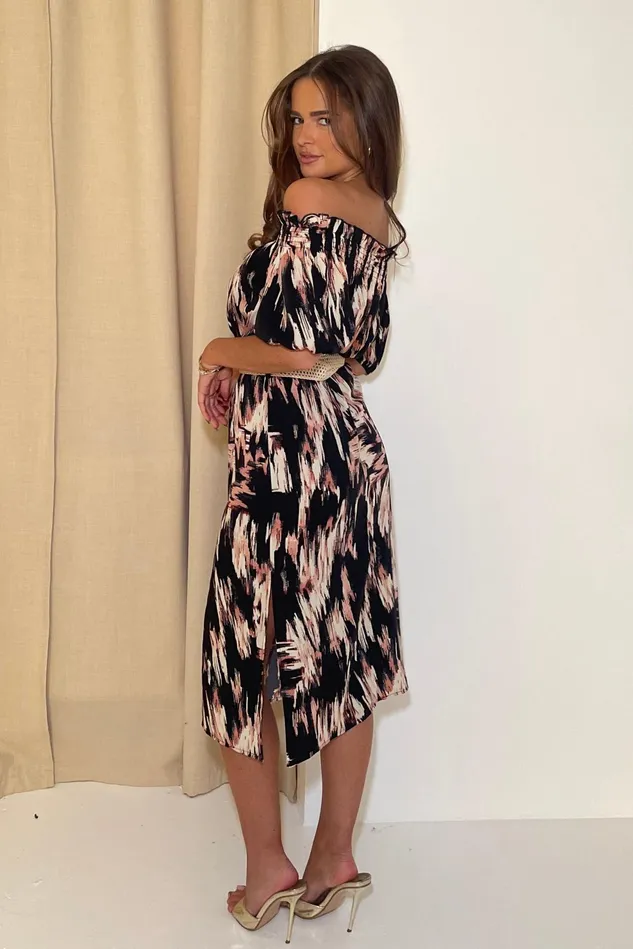 Girl In Mind Midi Dresses Jordana Off The Shoulder Midi Dress Brown Abstract 8211 Women