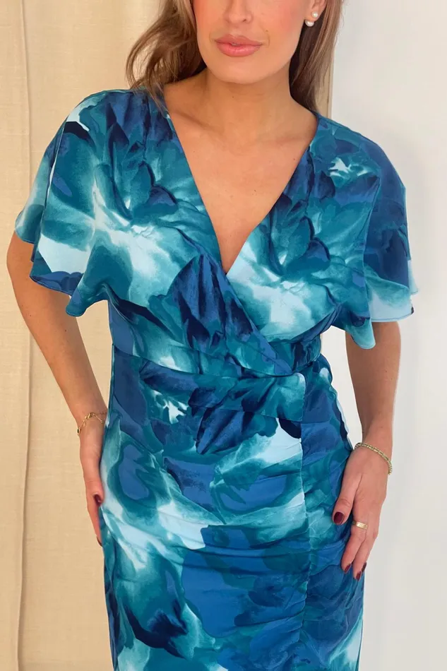 Girl In Mind Midi Dresses Priscilla Wrap Over Ruched Detail Midi Dress Blue Abstract 8211 Women