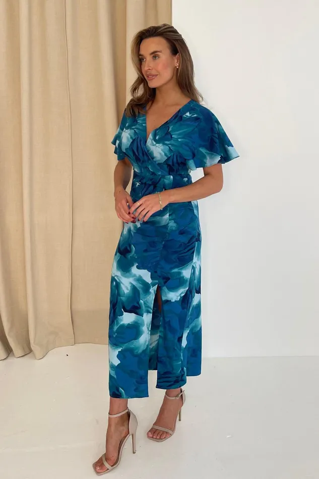 Girl In Mind Midi Dresses Priscilla Wrap Over Ruched Detail Midi Dress Blue Abstract 8211 Women