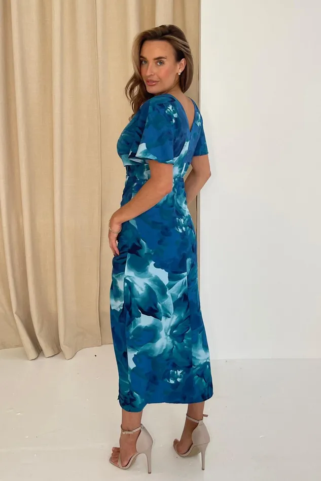 Girl In Mind Midi Dresses Priscilla Wrap Over Ruched Detail Midi Dress Blue Abstract 8211 Women