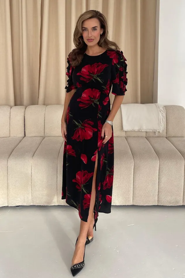 Girl In Mind Midi Dresses Samira Black Floral Frill Sleeve Midi Dress 8211 Women Girl In Mind Midi Dresses Samira Black Floral Frill Sleeve Midi Dress 8211 Women