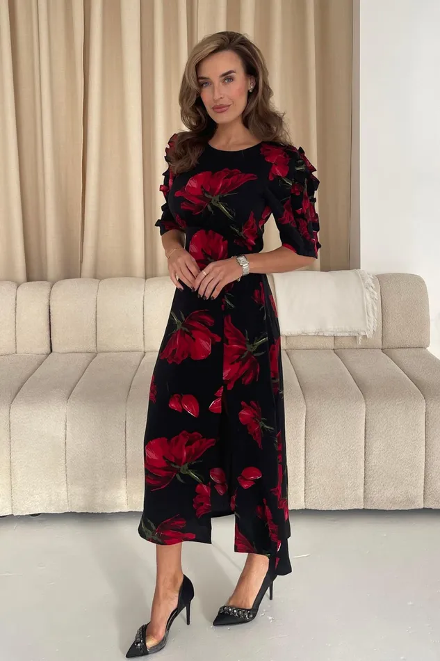 Girl In Mind Midi Dresses Samira Black Floral Frill Sleeve Midi Dress 8211 Women