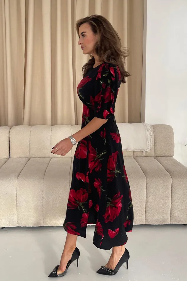 Girl In Mind Midi Dresses Samira Black Floral Frill Sleeve Midi Dress 8211 Women