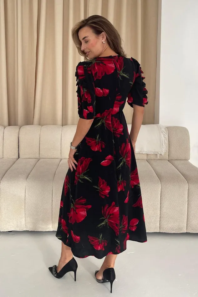 Girl In Mind Midi Dresses Samira Black Floral Frill Sleeve Midi Dress 8211 Women