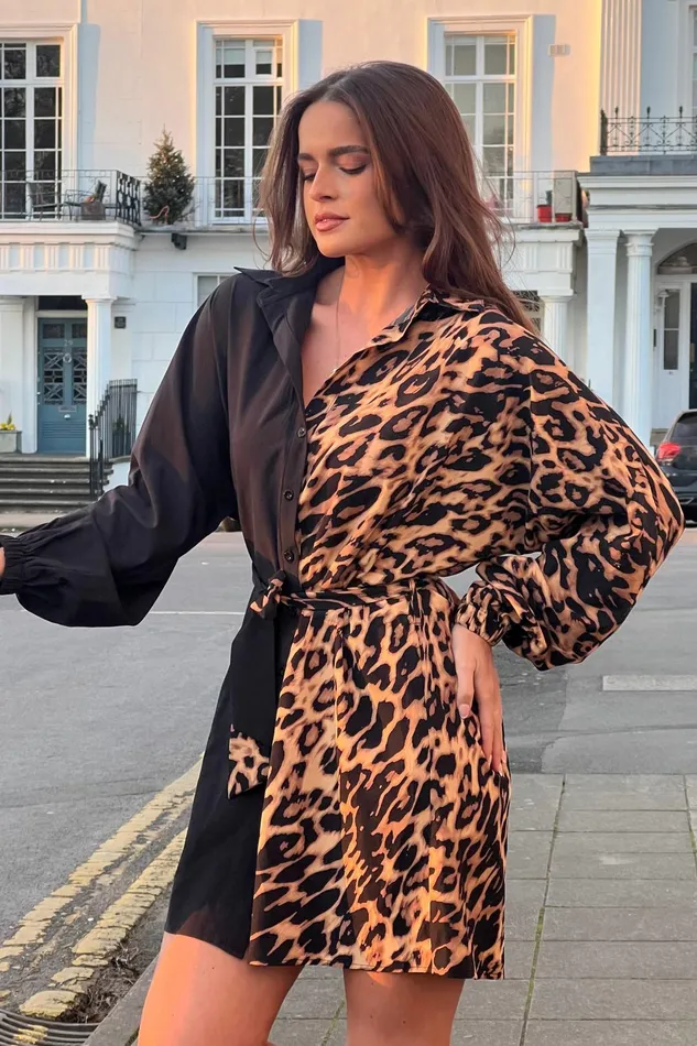 Girl In Mind Mini Dresses Nell Contrast Print Mini Shirt Dress In Leopard 8211 Women
