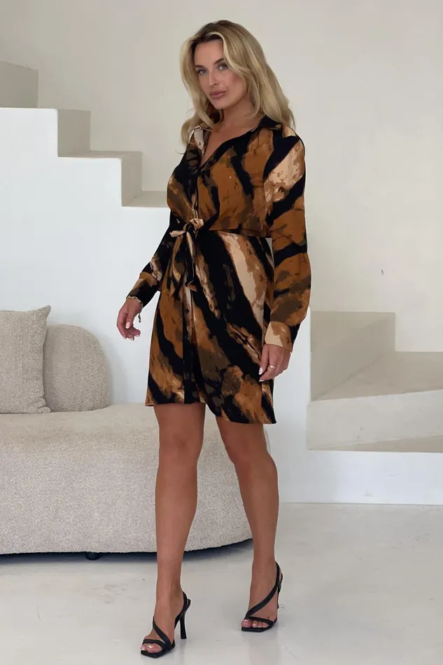 Girl In Mind Mini Dresses Verity Brown Stripe Tie Front Mini Dress 8211 Women