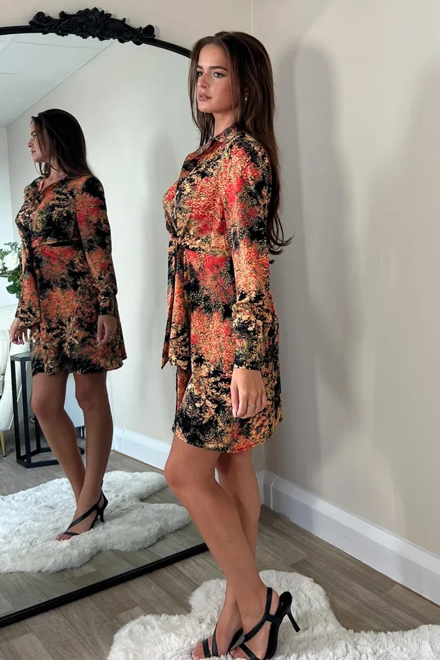 Girl In Mind Mini Dresses Verity Orange Floral Print Tie Front Mini Dress 8211 Women
