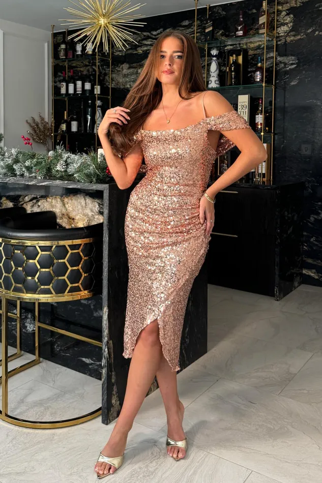 Girl In Mind Sequin Dresses Camila Gold Sequin Wrap Over Midi Dress 8211 Women