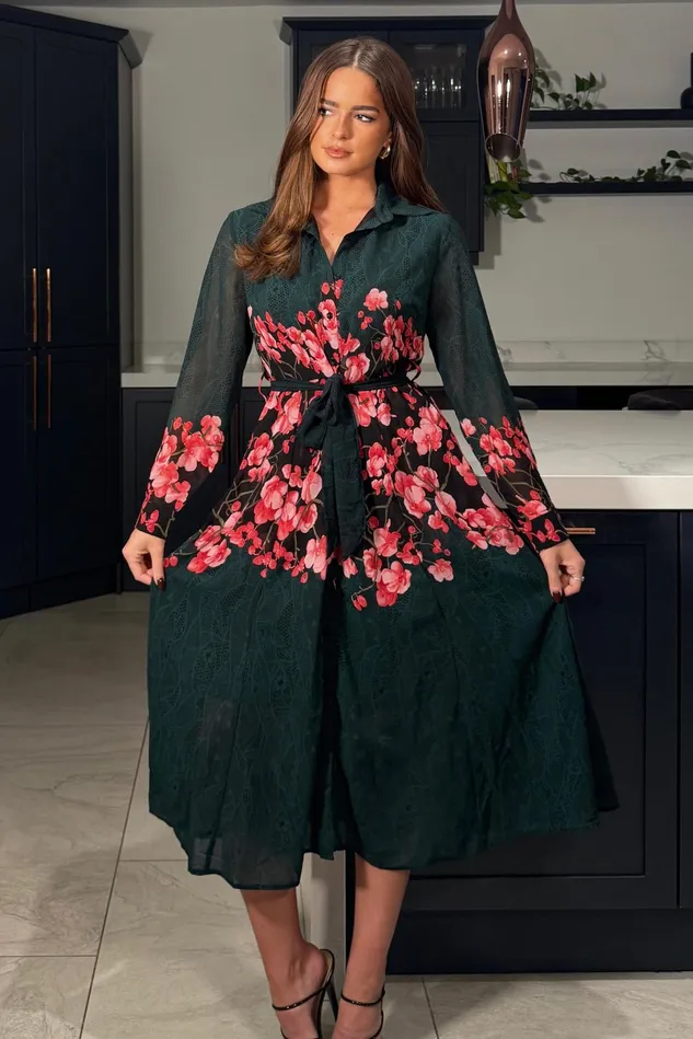 Girl In Mind Shirt Dresses Everly Green And Pink Floral Shirt Midi Dress 8211 Women