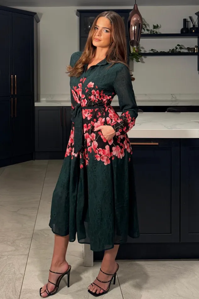 Girl In Mind Shirt Dresses Everly Green And Pink Floral Shirt Midi Dress 8211 Women
