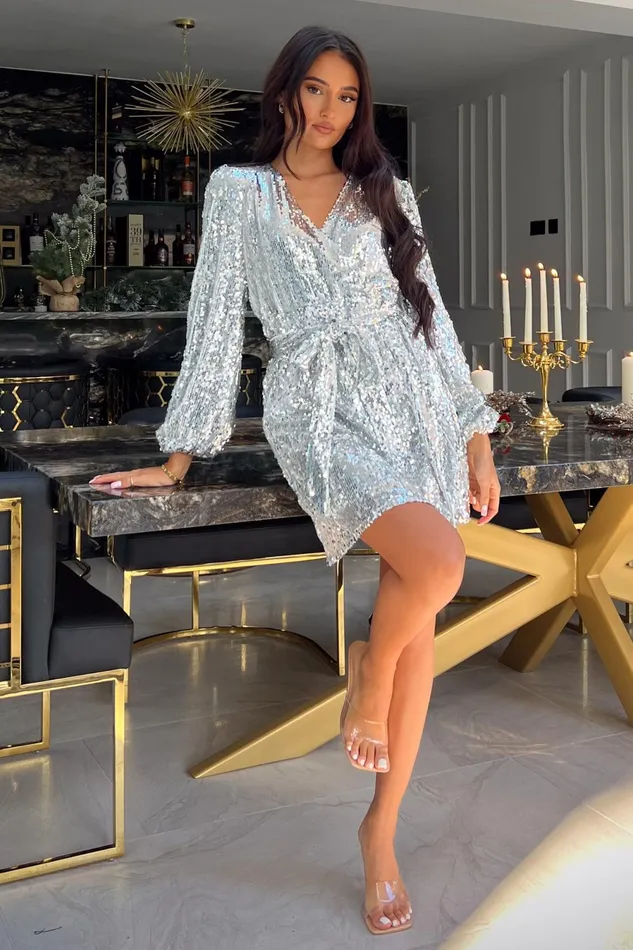 Girl In Mind Skater Dresses Annie Silver Sequin Wrap Mini Dress 8211 Women