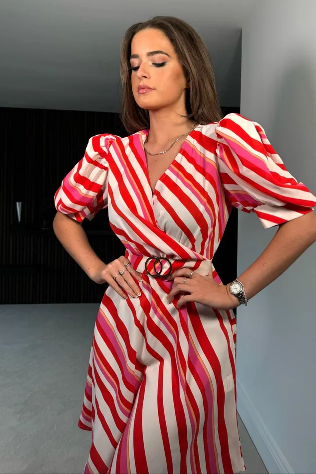 Girl In Mind Skater Dresses Elise Puff Sleeves Gold Buckle Skater Dress Red Stripe 8211 Women
