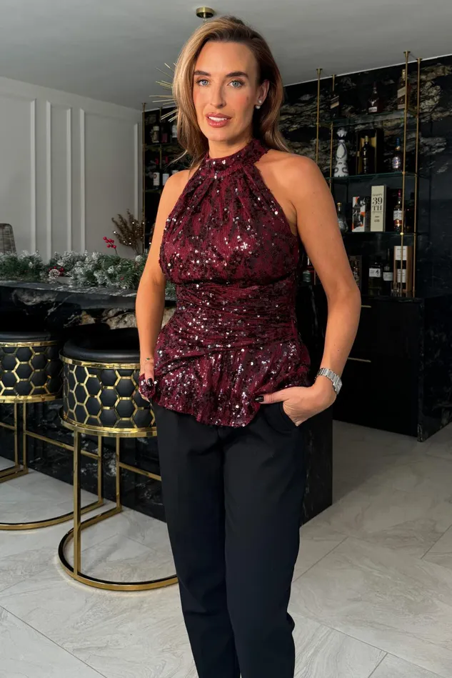Girl In Mind Tops and Bodysuits Alessia Halter Neck Top Wine Sequin 8211 Women