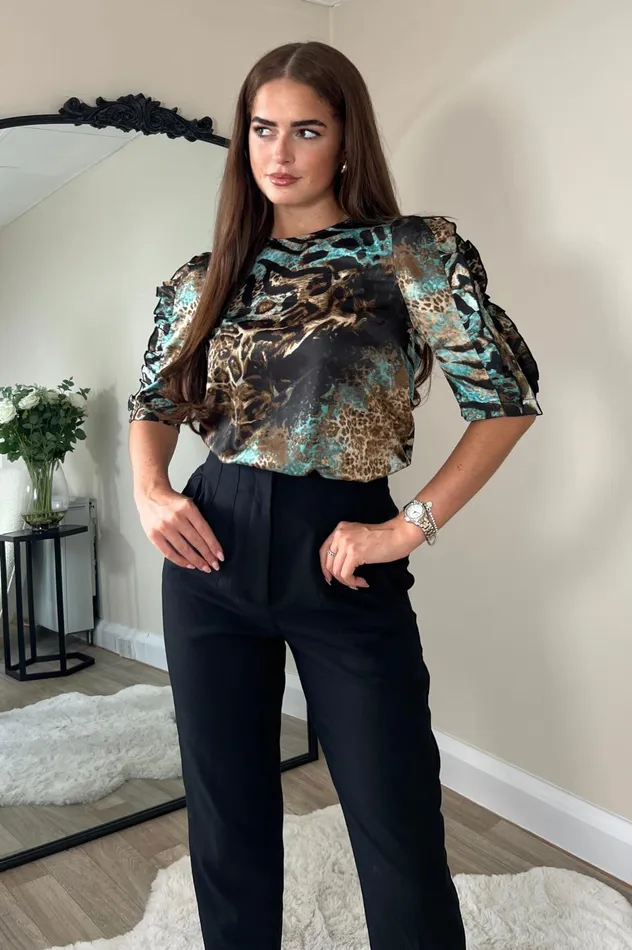 Girl In Mind Tops and Bodysuits Asher Blue And Brown Animal Print Top 8211 Women