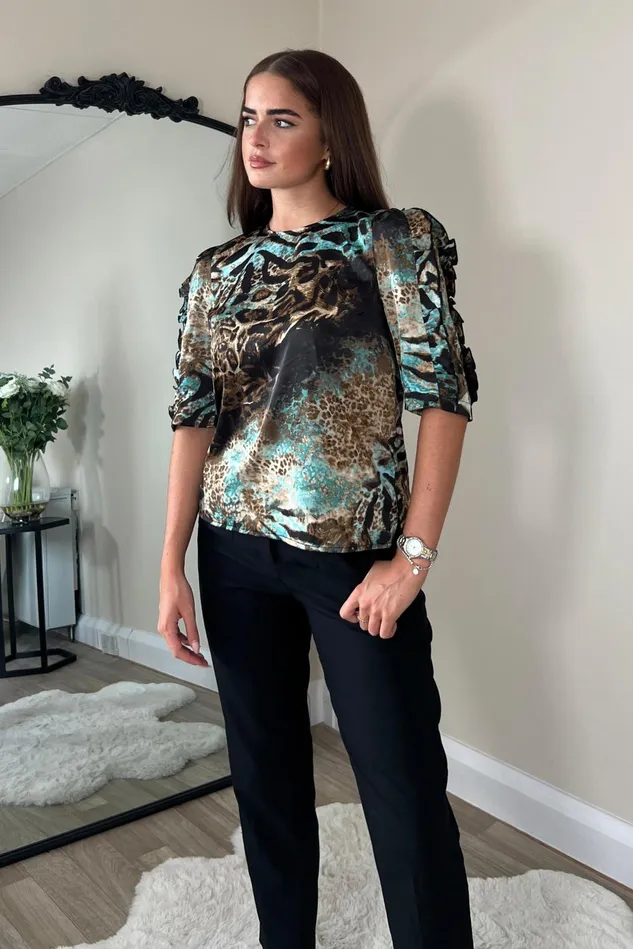 Girl In Mind Tops and Bodysuits Asher Blue And Brown Animal Print Top 8211 Women