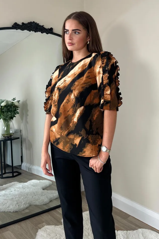 Girl In Mind Tops and Bodysuits Asher Brown Stripe Frill Sleeve Top 8211 Women