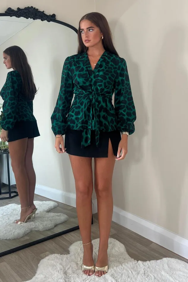 Girl In Mind Tops and Bodysuits Brooke Green Animal Tie Front Top 8211 Women