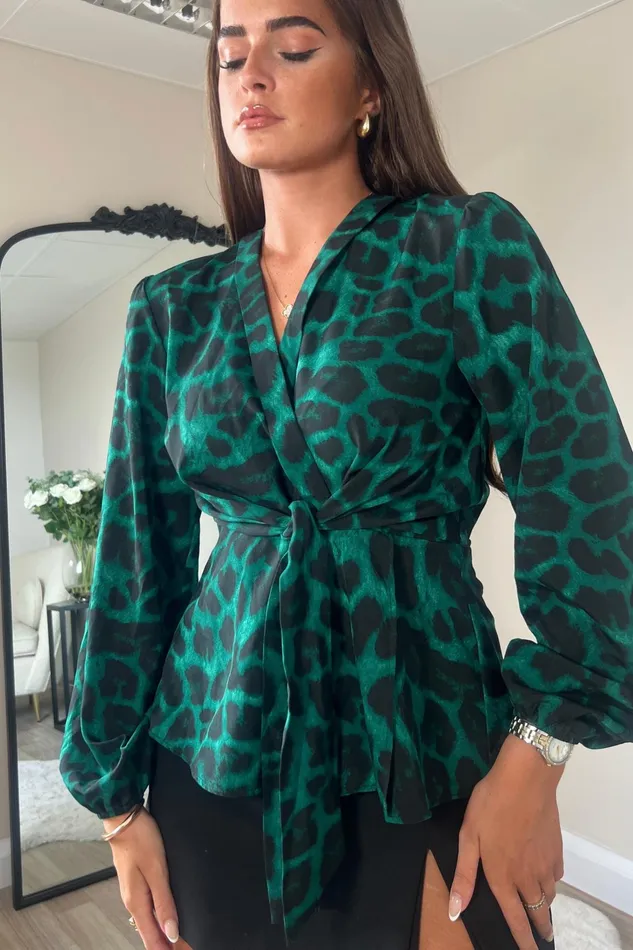 Girl In Mind Tops and Bodysuits Brooke Green Animal Tie Front Top 8211 Women
