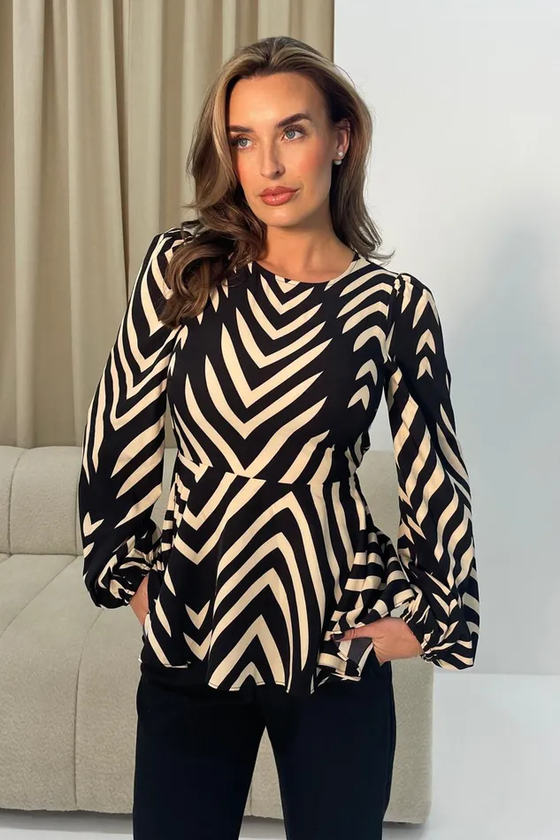 Girl In Mind Tops and Bodysuits Leanna Black Abstract Balloon Sleeve Peplum Top 8211 Women Girl In Mind Tops and Bodysuits Leanna Black Abstract Balloon Sleeve Peplum Top 8211 Women
