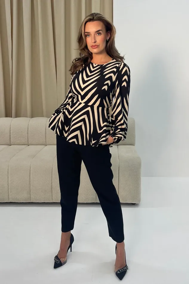 Girl In Mind Tops and Bodysuits Leanna Black Abstract Balloon Sleeve Peplum Top 8211 Women