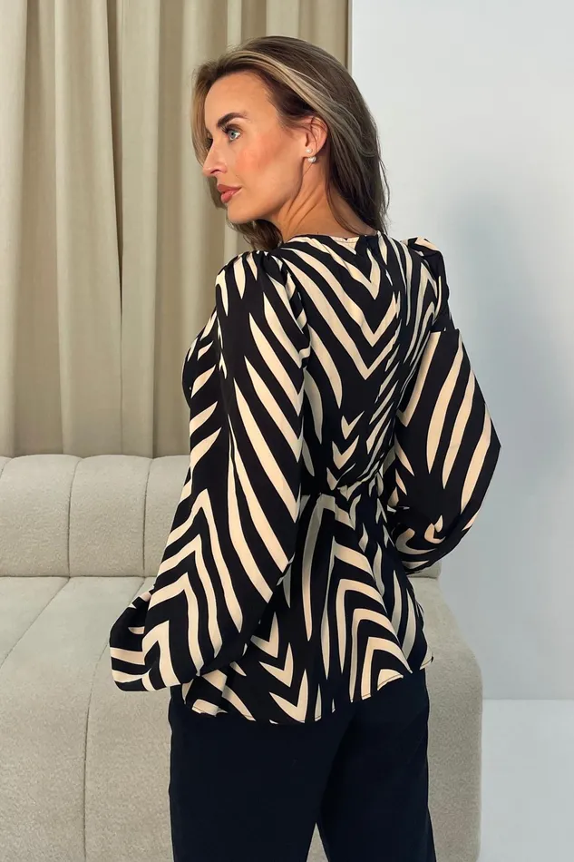 Girl In Mind Tops and Bodysuits Leanna Black Abstract Balloon Sleeve Peplum Top 8211 Women