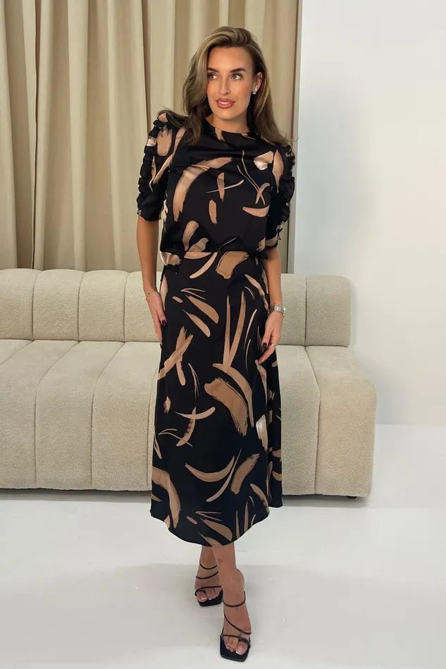 Girl In Mind Trousers and Skirts Azalea Black Abstract Print Midi Skirt 8211 Women