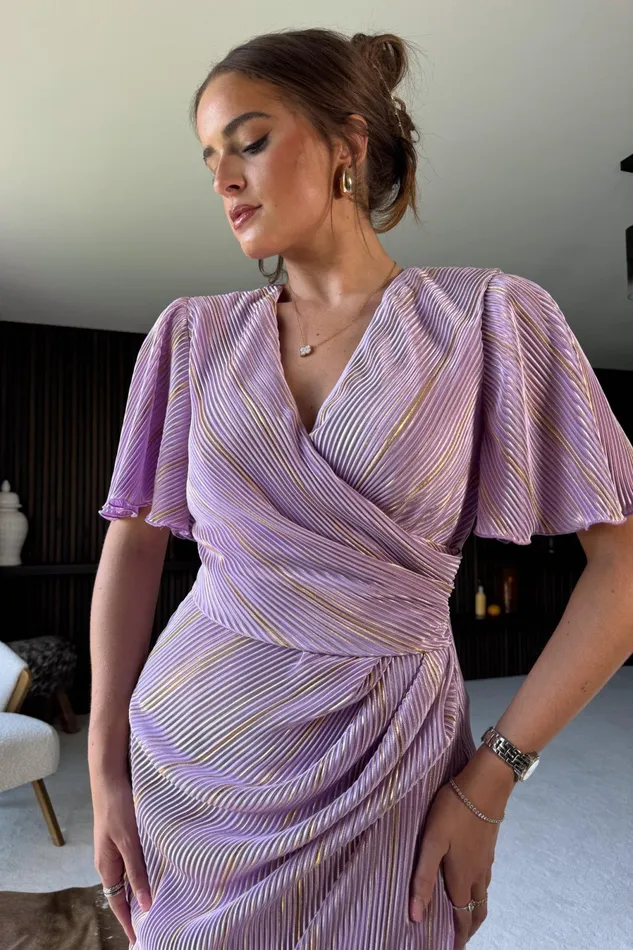 Girl In Mind Wrap Dresses Natasha Lilac Metallic Angel Sleeve Wrap Midi Dress 8211 Women